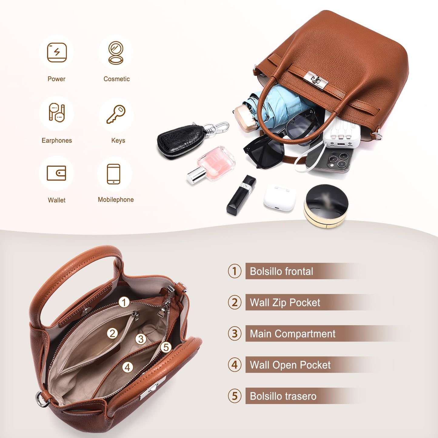 Genuine Leather Bucket Bags for Women: Small Tote Purses for Ladies Luxury Designer Crossbody Satchel Handbags(Brown)