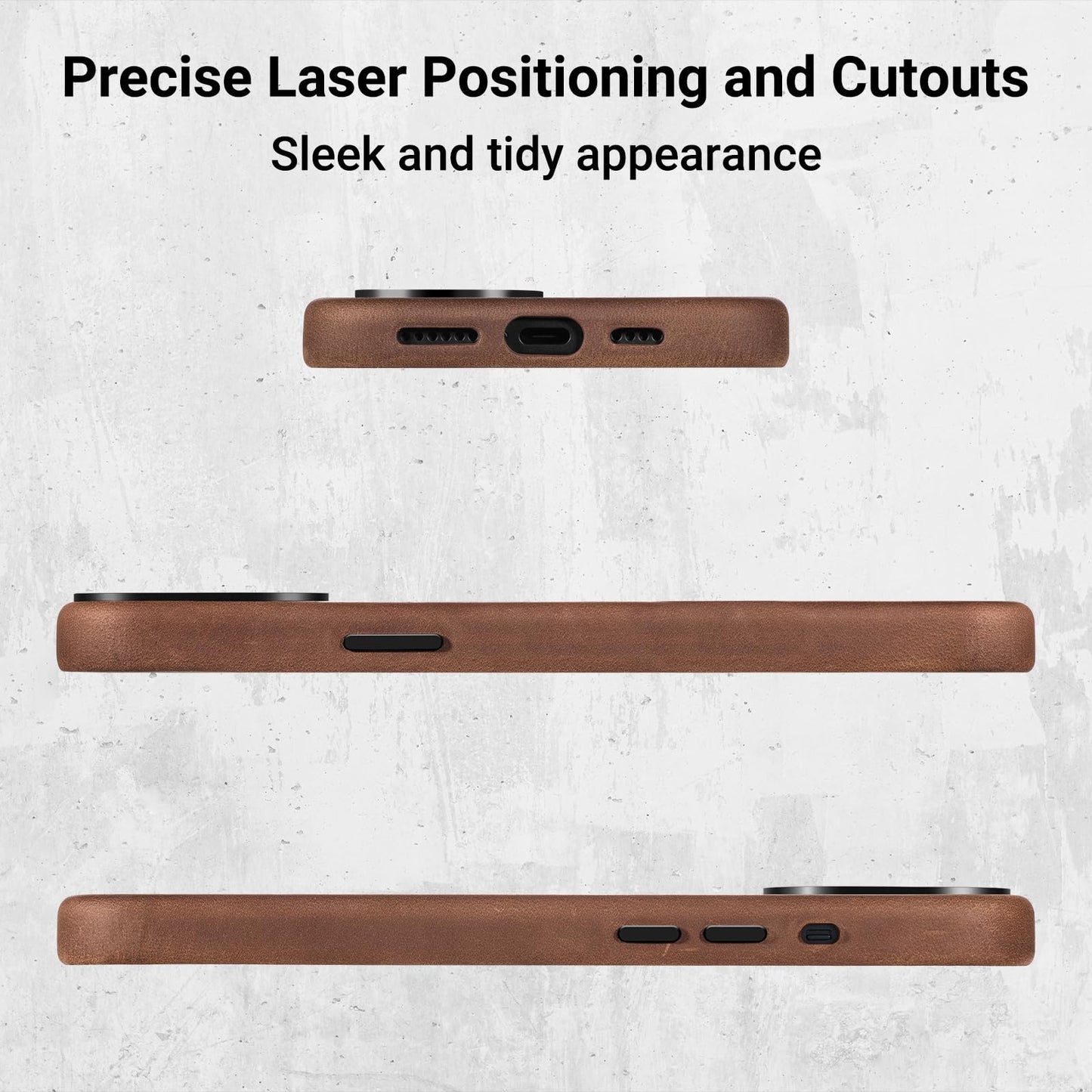 Belemay Compatible with iPhone 14 Leather Case Magsafe - Top Grain Vintage Crazy Horse Leather - Metal Buttons & Camera Bezel Bump - Slim Fit & Soft Feel - Premium Phone Cover (6.1-inch) Retro Brown