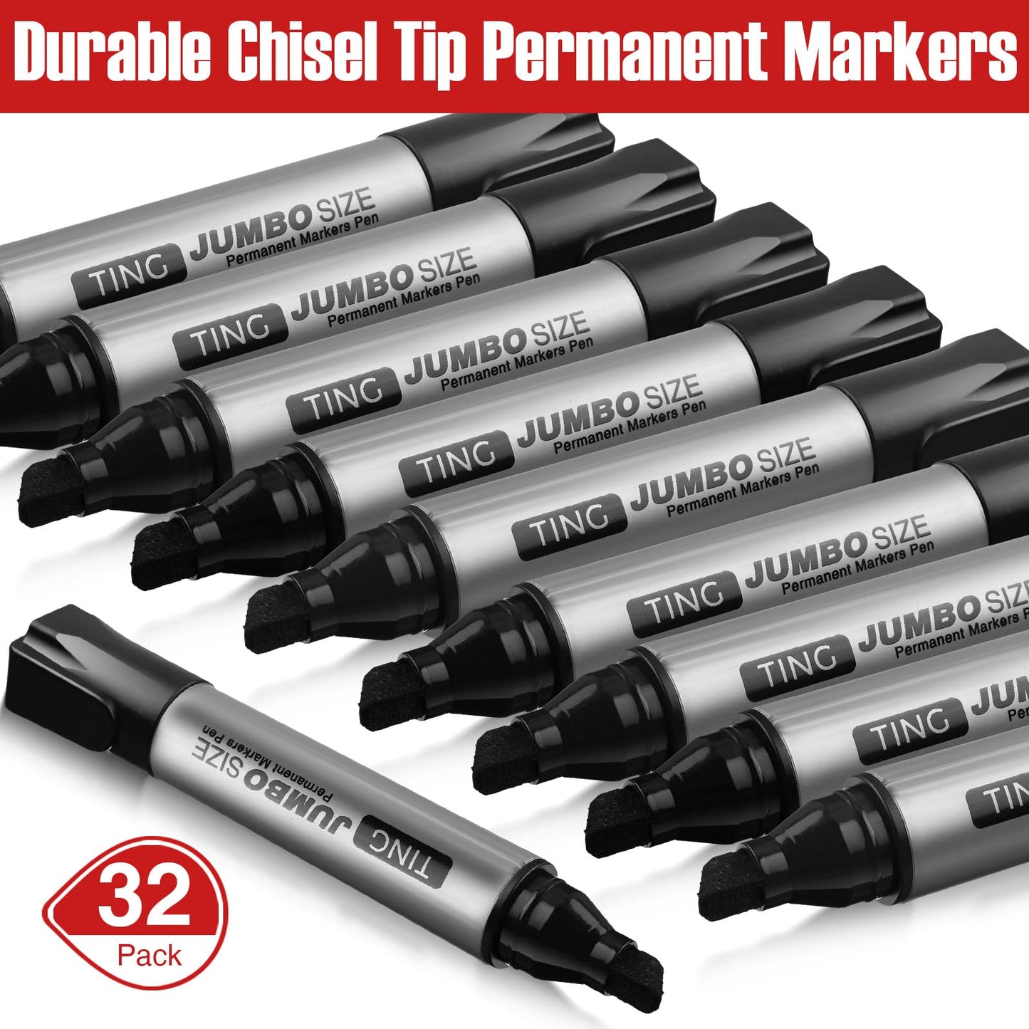 Fuutreo 32 Pcs Jumbo Permanent Markers Bulk Large Chisel Tip Permanent Markers Waterproof Jumbo Pens Quick Drying Office Supplies(Black)