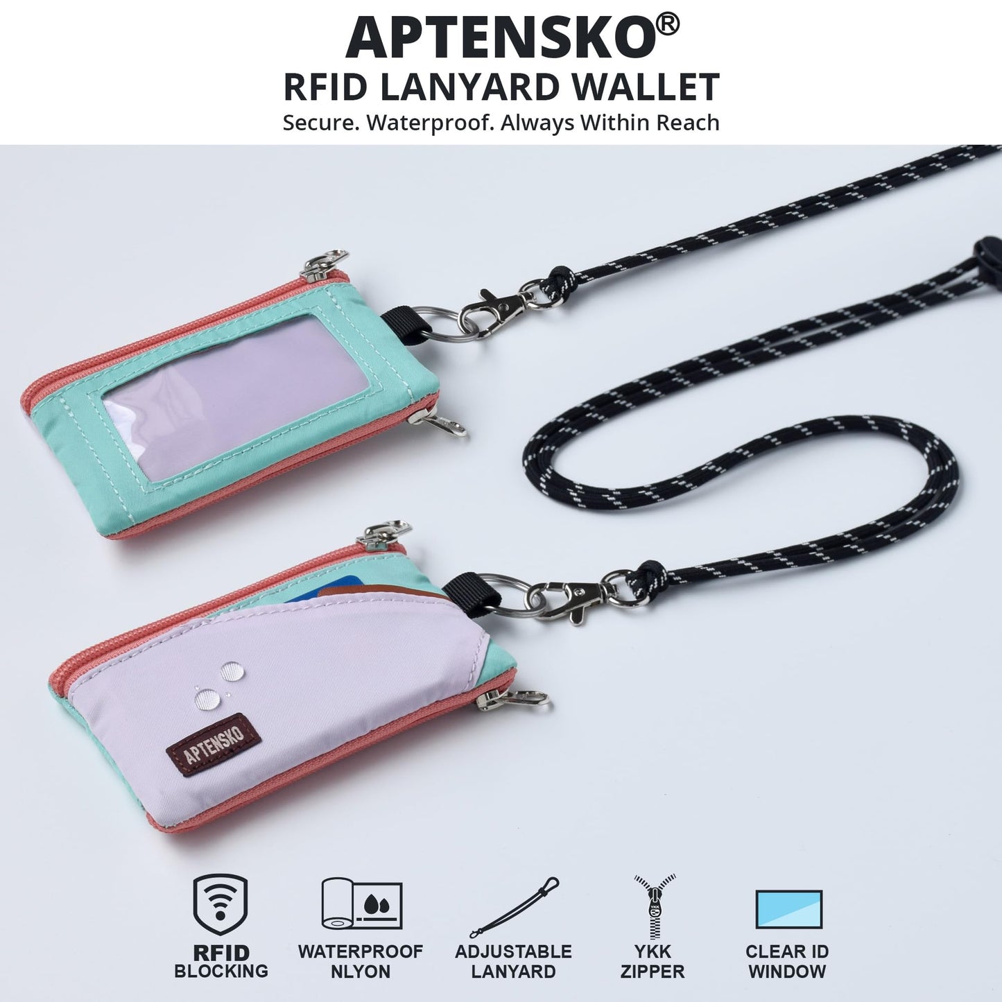 APTENSKO RFID Blocking Travel Wallet with Adjustable Lanyard, Small Nylon Zipper Pouch and Badge Holder for ID, Credit Cards, Cash, Keys, Commuters (SoftLilac+MintAqua)