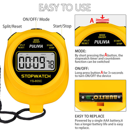 PULIVIA Stopwatch Timer with Countdown, Simple Operation Digital Stop Watch for Sports, Countdown-Alarm Button-Sound, AAA Battery Included (Yellow)
