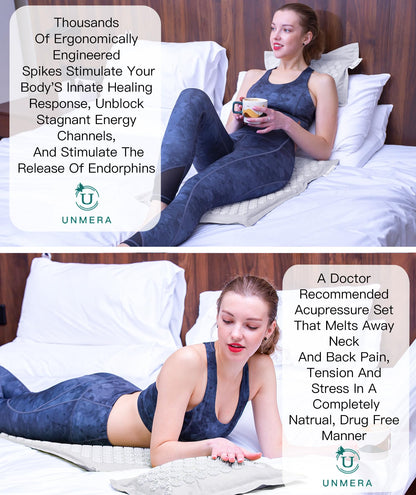 UNMERA Acupressure Mat and Pillow Set,Natural Eco Linen & Coconut Fiber Filling,FSA/HSA Eligible,for Back/Neck Pain Relief, Sciatic, Headache and Muscle Relaxation, Comes with Carrying Bag
