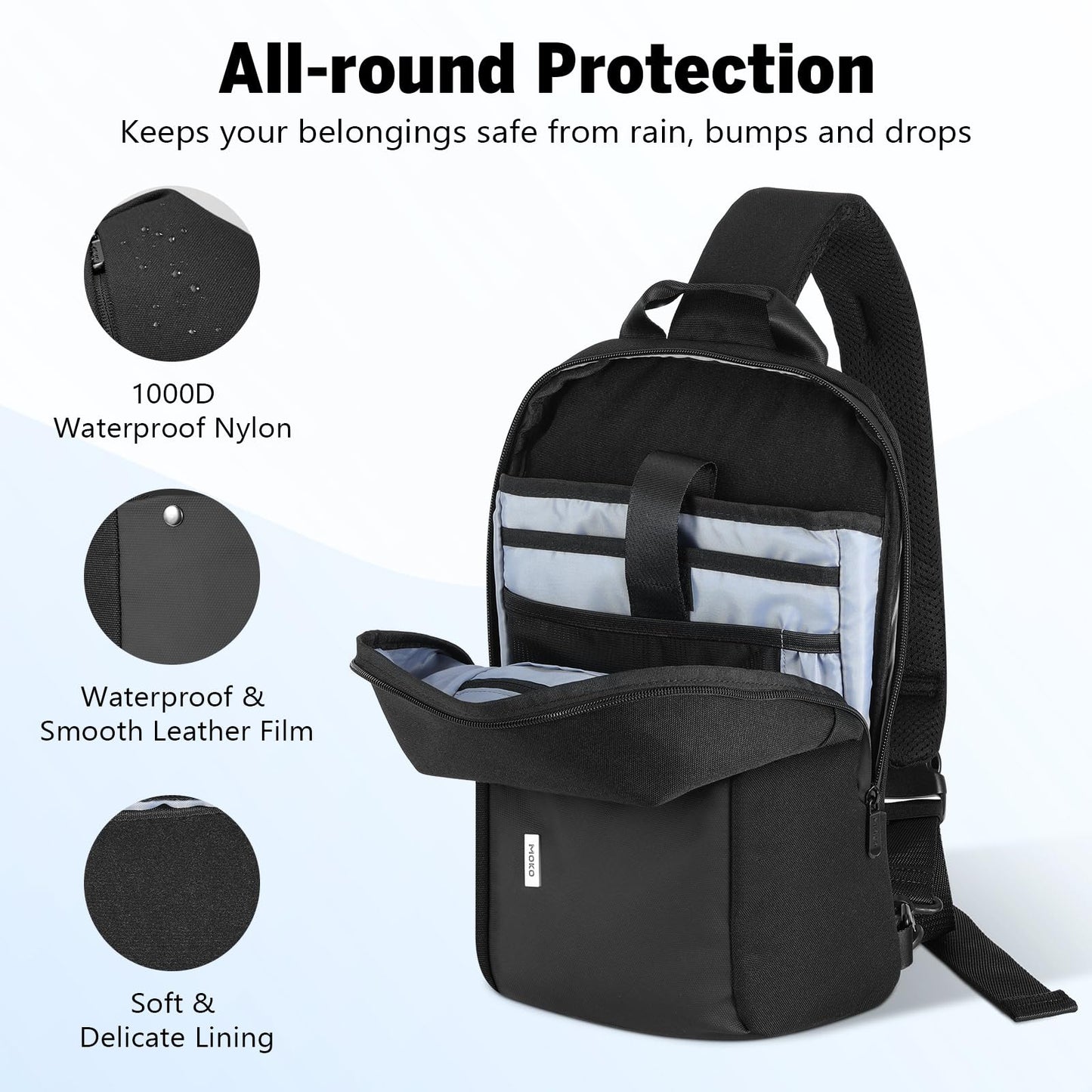MoKo Compact EDC Sling Bag for New 13-inch iPad Pro M4/Air M2, Minimalist Chest Shoulder Crossbody Bag for Men Women Daily Use, Single Strap Daypack for New 13" MacBook Air/14 MacBook Pro, Black