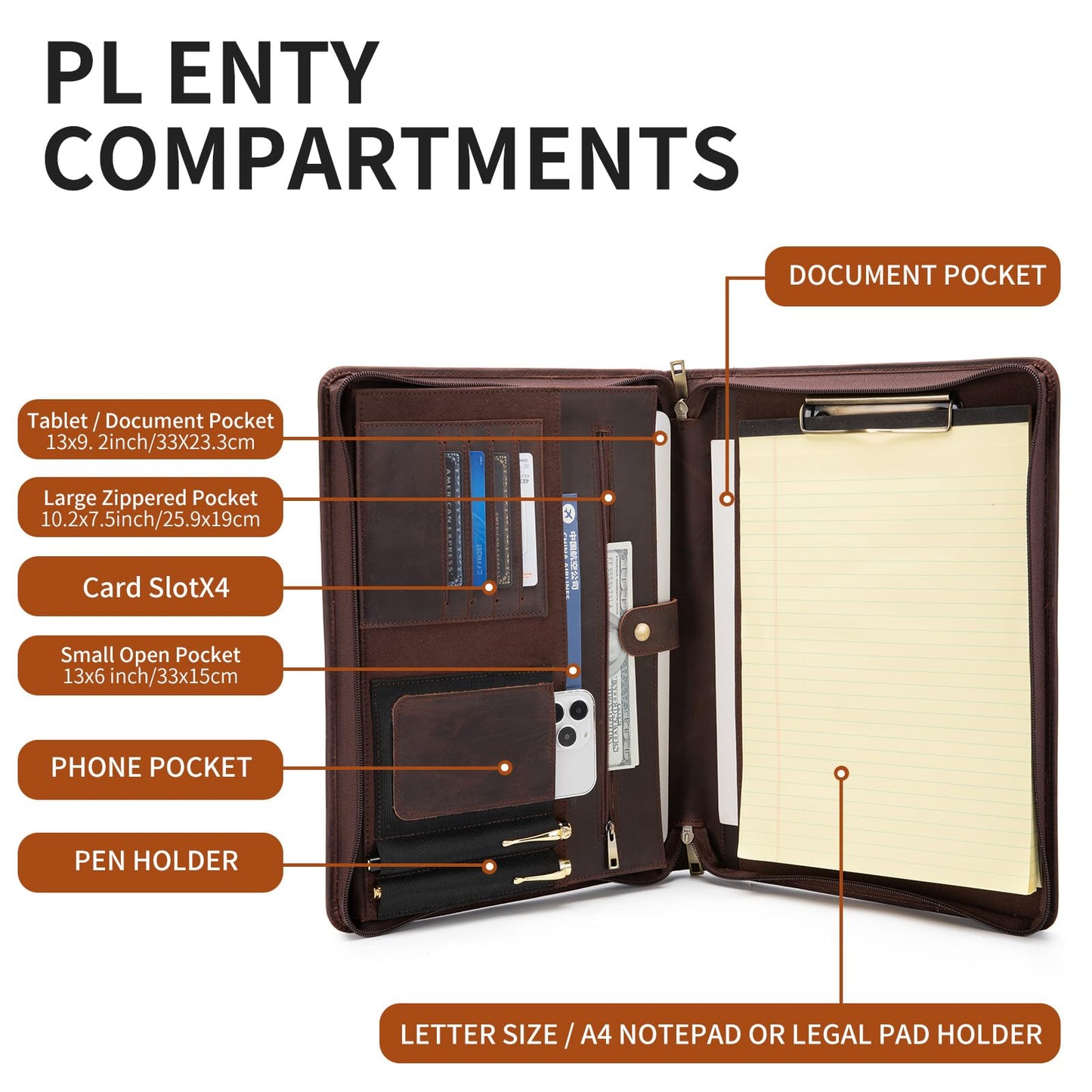 YIWEN Personalized Leather Portfolio with Handle – Zippered Front Pocket, Writing Pad Clip, Letter Size Notepad Holder, Professional Business Padfolio for Men Women (Dark Brown, Crazy Horse Leather)