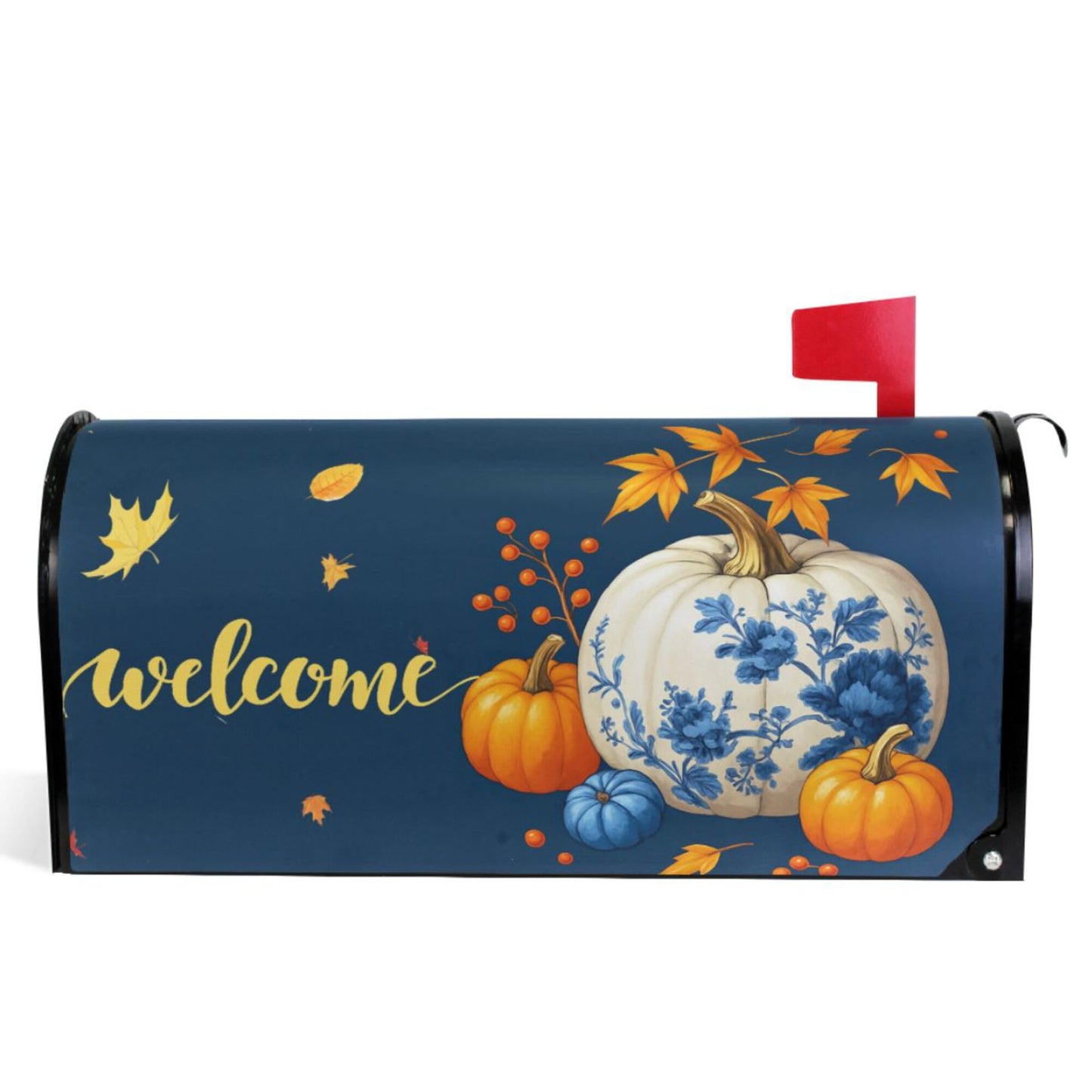 Wamika Welcome Fall Blue Magnetic Mailbox Covers Porcelain Pumpkin Maple Leaves Mailbox Cover Over Size Full Magnet Garden Yard Porch Mail Boxes Cover Holiday Decorations 25" L x 21" W