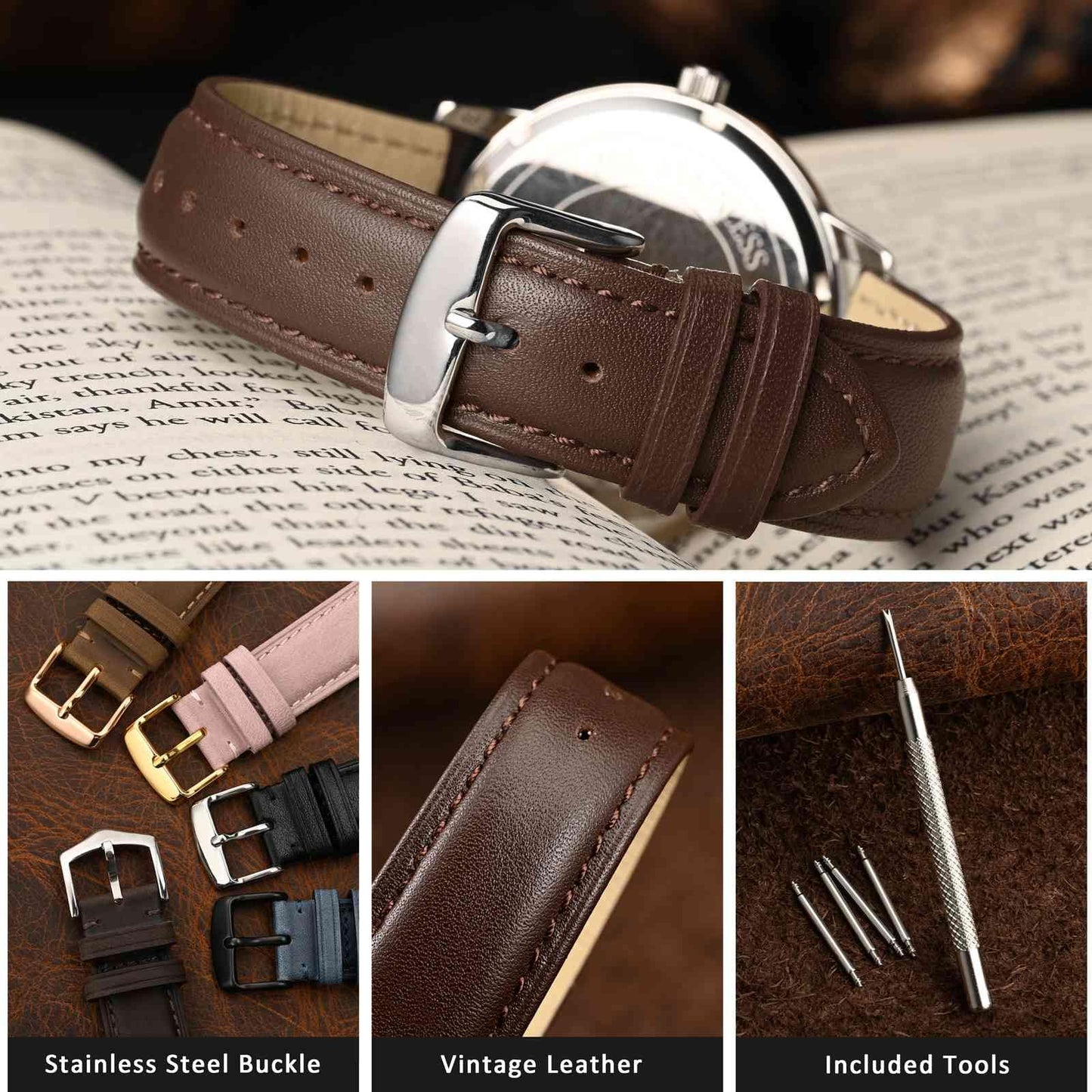 WOCCI 18mm Vintage Leather Watch Band for Men and Women, Silver Buckle (Dark Brown)