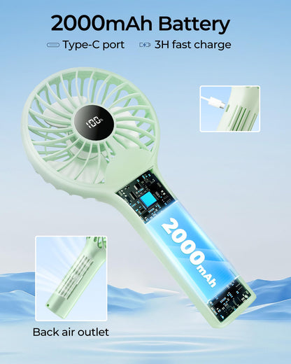 Portable Handheld Mini Fan, Personal Travel Fan, Small and Powerful, 2000mah Rechargeable Battery, 5 Speed Wind, Led Display, Back Air Outlet, for Stylish Kids Girls Women Summer Gift-Avocado Green