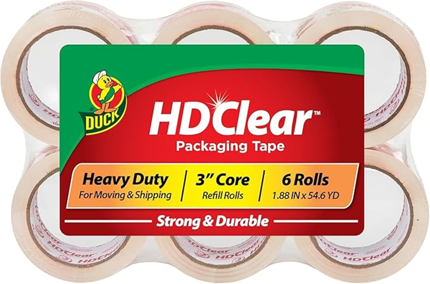 Duck HD Clear Packing Tape Refills - 6 Rolls of Heavy Duty Shipping and Moving Packing Tape - Clear Strong Packaging Tape for Boxes, Packing and Moving Supplies - 1.88 In. x 54.6 Yards (441962)