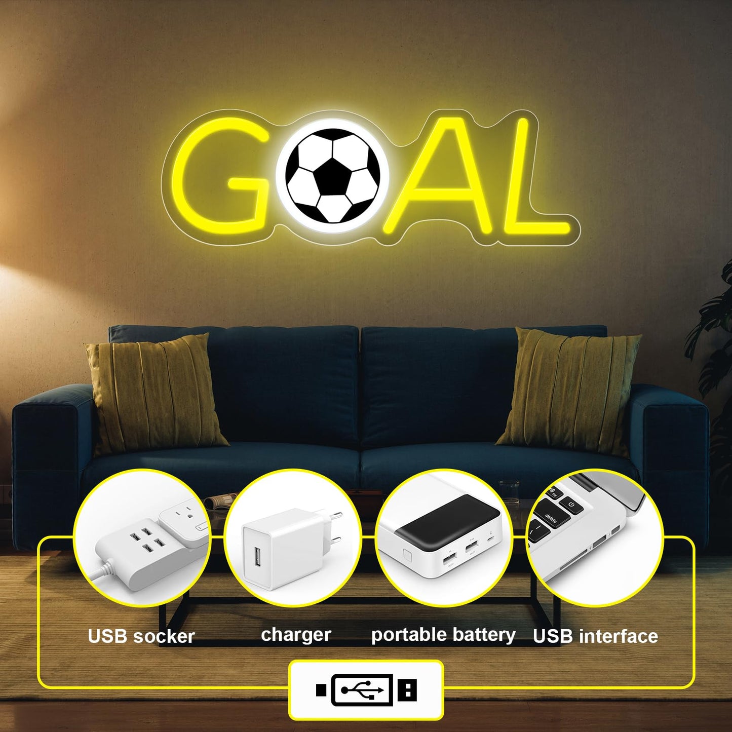 Soccer Neon Sign, Goal Neon Light for Wall Decor, Powered by USB Sport Theme Light Up Sign for Boys Girls Kids Game Room Bedroom Club Decor Kids Gifts
