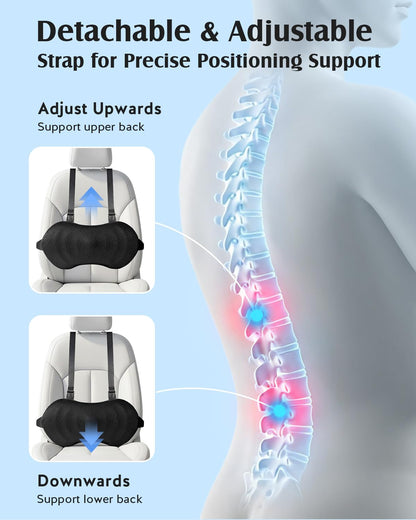 YFONG Lumbar Support Pillow for Car & Office Chair, Memory Foam Back Cushion with Adjustable Straps Non-Slip, Firm Support for Lower Back Pain Relief, Black