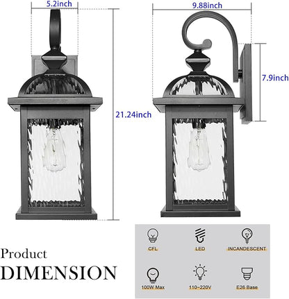 Darkaway 2pcs Outdoor Lights Fixtures Wall Mount, Large 22inch Outdoor Wall Sconce Lights with Water Ripple Glass Outside Exterior Lights Fixture for House Front Porch Patio