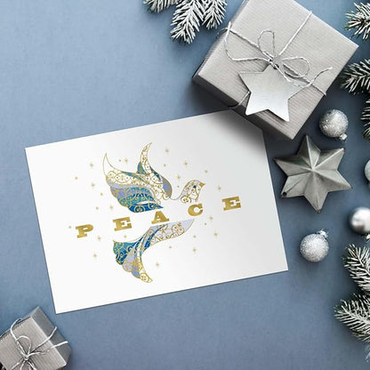 Masterpiece Elegant Dove Christmas Cards / 15 Religious Dove Holiday Cards Set With Gold Foil And White Envelopes / 5 5/8" x 7 7/8" Greeting Cards With Inside Verse