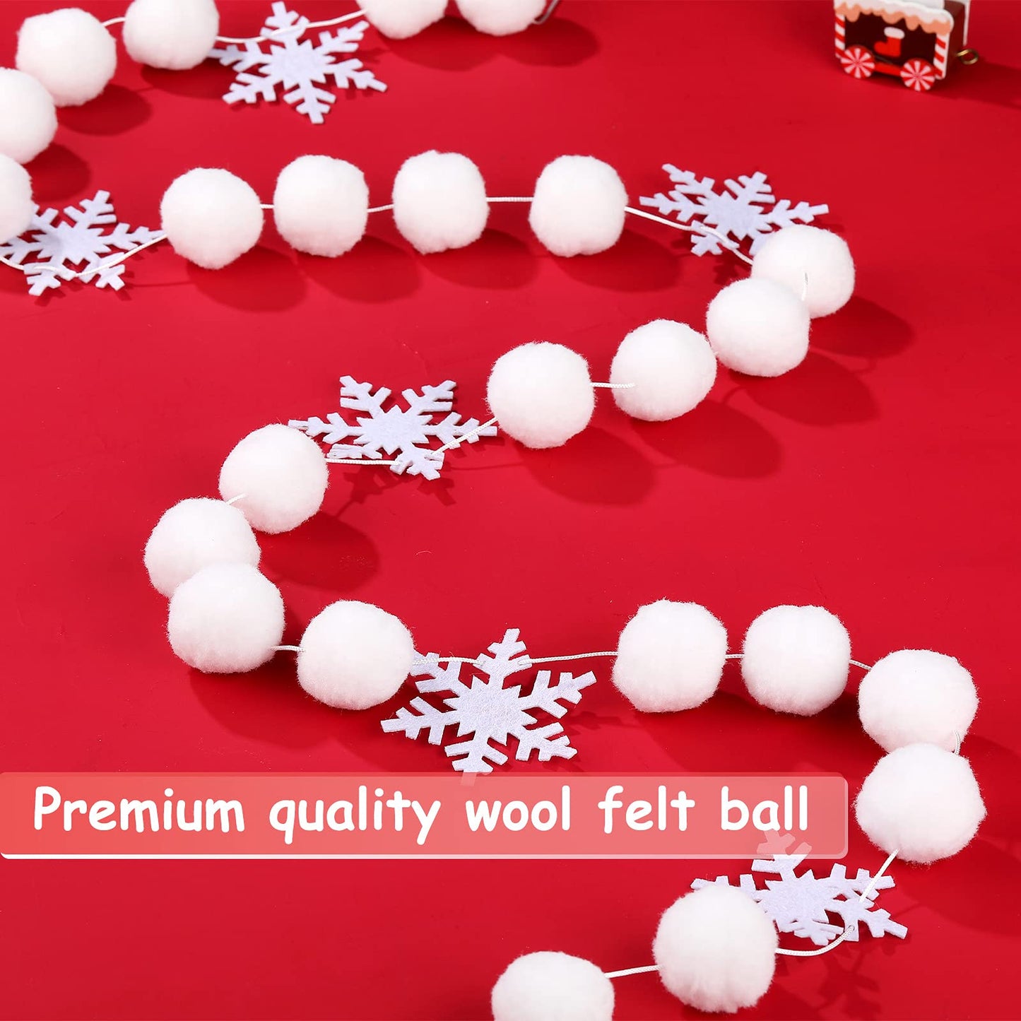 Tegeme 2 Pcs 13.2ft White Felt Pom Pom Garland Christmas Tree Decorations Cute Winter Snowball Snowflake Ornaments Hanging String Pompom Snowball Beads Xmas Holiday Birthday Party Banners