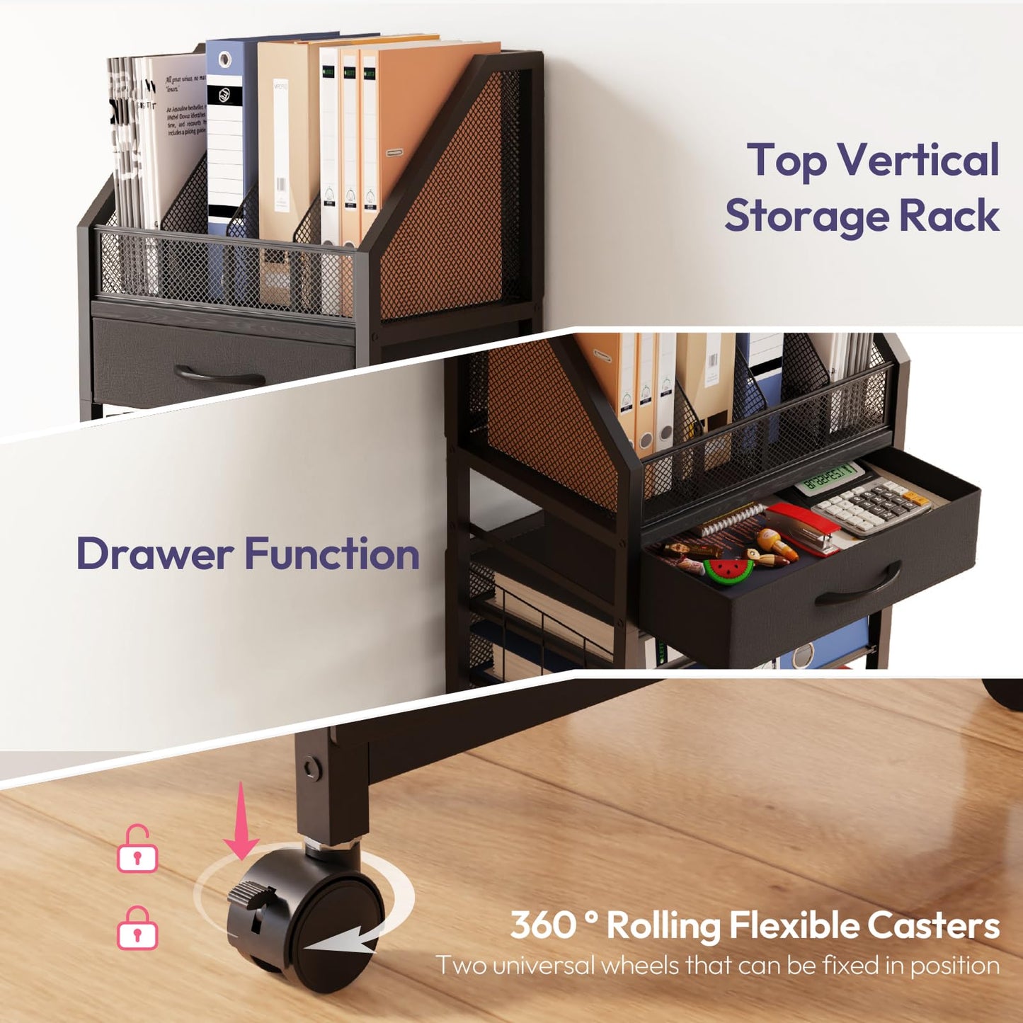 SWTYMIKI 9-Tier Rolling File Cart - Paper Organizer with Drawer and Trays, Wood Desk Office Organizer, Office Organization and Binder Storage for Workspace, Home, School, Black