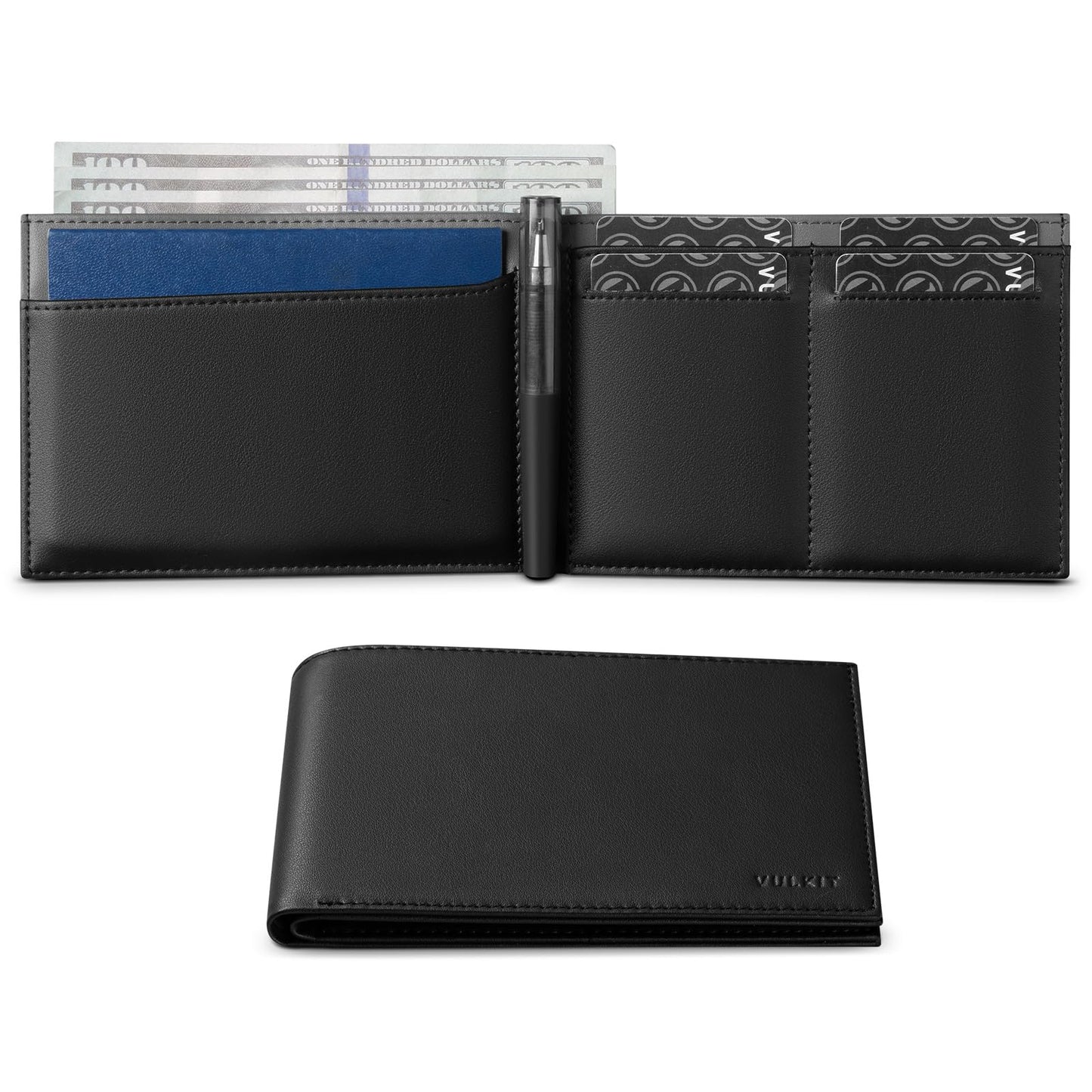 VULKIT Bilfold Passport Holder Leather RFID Blocking Passport Wallet with Hidden Pocket Slim Travel Documents Organizer for Men or Women (Passport, Card, Cash, Coin, SIM Card, Ticket)