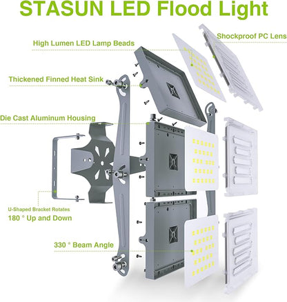 STASUN LED Flood Light Outdoor, Max Series 300W 30000lm 6000K Daylight IP66 Waterproof, Commercial Parking Lot Light,3 Heads for Yard Street Stadium Floodlight Bright Security Lights for Outdoor Area