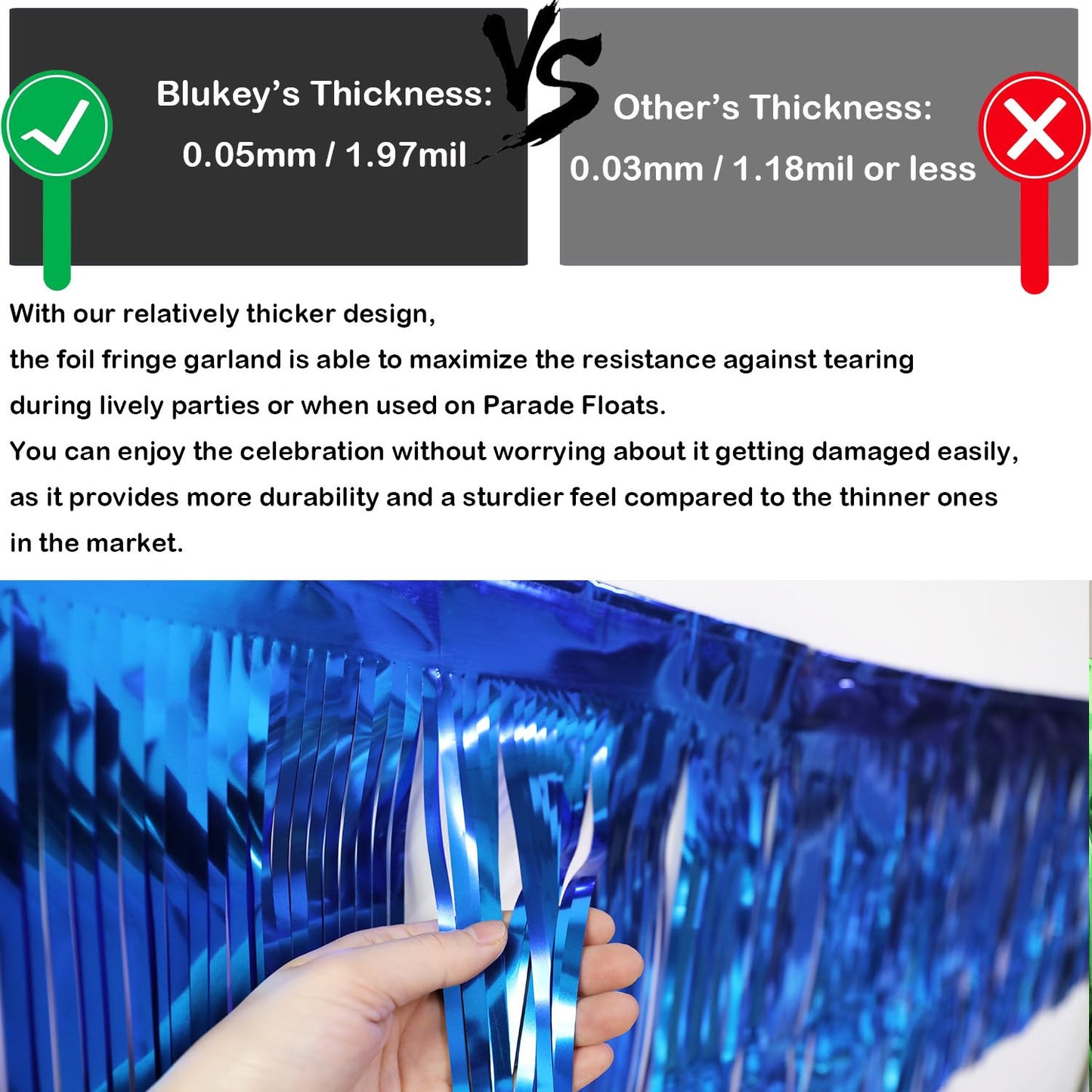 Blukey Thick 10 Feet by 15 Inch Royal Blue Foil Fringe Garland - Pack of 3 | Shiny Metallic Tinsel Banner for Parade Floats, Bridal Shower, Wedding, Birthday, Christmas | Wall Hanging Drapes (3)