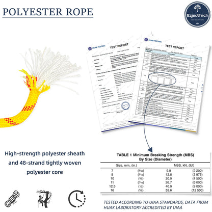 Ezjsdltech 1/2 in x 50 ft Polyester Arborist Rigging Rope, Yellow Braided Tree Climbing Rope 48 Strands for Farm Work and Swinging