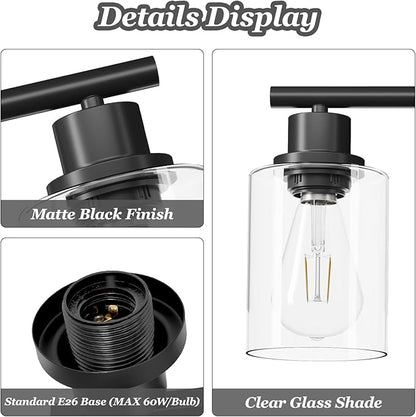 3-Light Black Vanity Lights, E26 Modern Bathroom Light Fixtures with Clear Glass Shade, Wall Lamps for Mirror Kitchen Hallway Cabinet Living Room Sconces Lights
