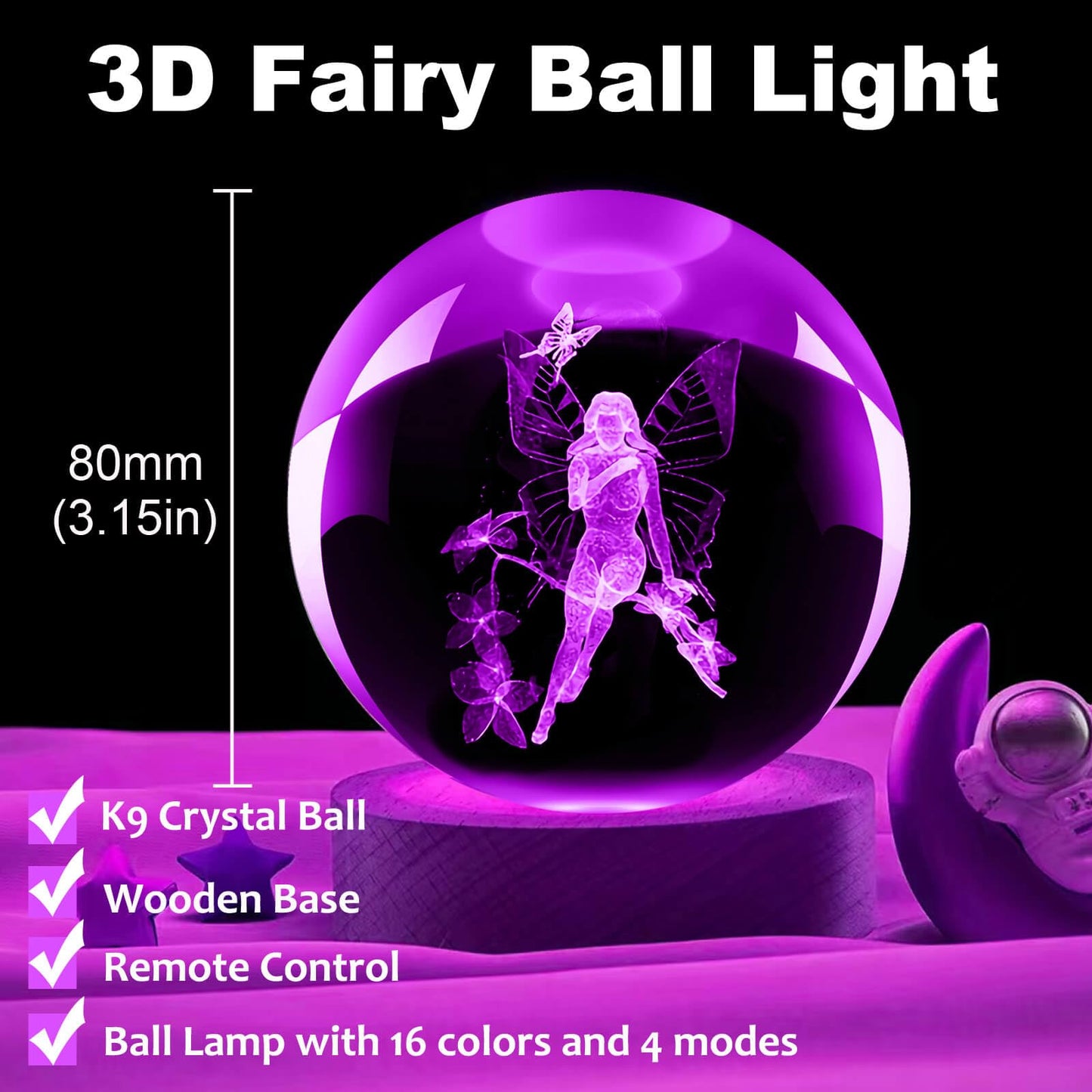 LINSINA 3D Butterfly Lamp, 3.15in 16 Colors Crystal Ball Night Light with Wooden Base and Remote Control, Birthday and Fairy Gifts for Women Men Kids (Fairy)