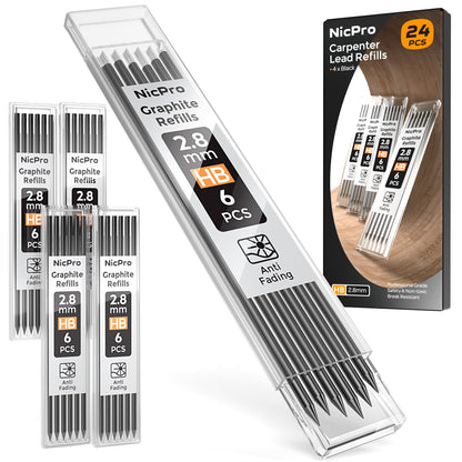 Nicpro 24 Pieces Carpenter Pencil Lead Refills 2.8mm, Break Resistant Leads for Construction and Woodworking Pencils (Black)