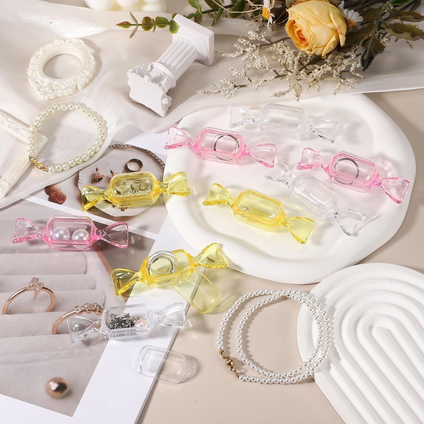 PATIKIL 50Pcs Candy Shaped Jewelry Box, Mini Plastic Jewelry Organizer Earrings Beads Bracelet Small Items Storage Container for Travel Wedding Christmas, Transparent/Pink
