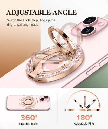 GVIEWIN Magnetic Phone Ring Holder, Compatible with MagSafe Phone Grip with Adjustable Stand, Magnet Phone Ring Kickstand for iPhone 17/16/15/14/13/12 Pro Max Plus Air/Other Phones (Glitter/Silver)