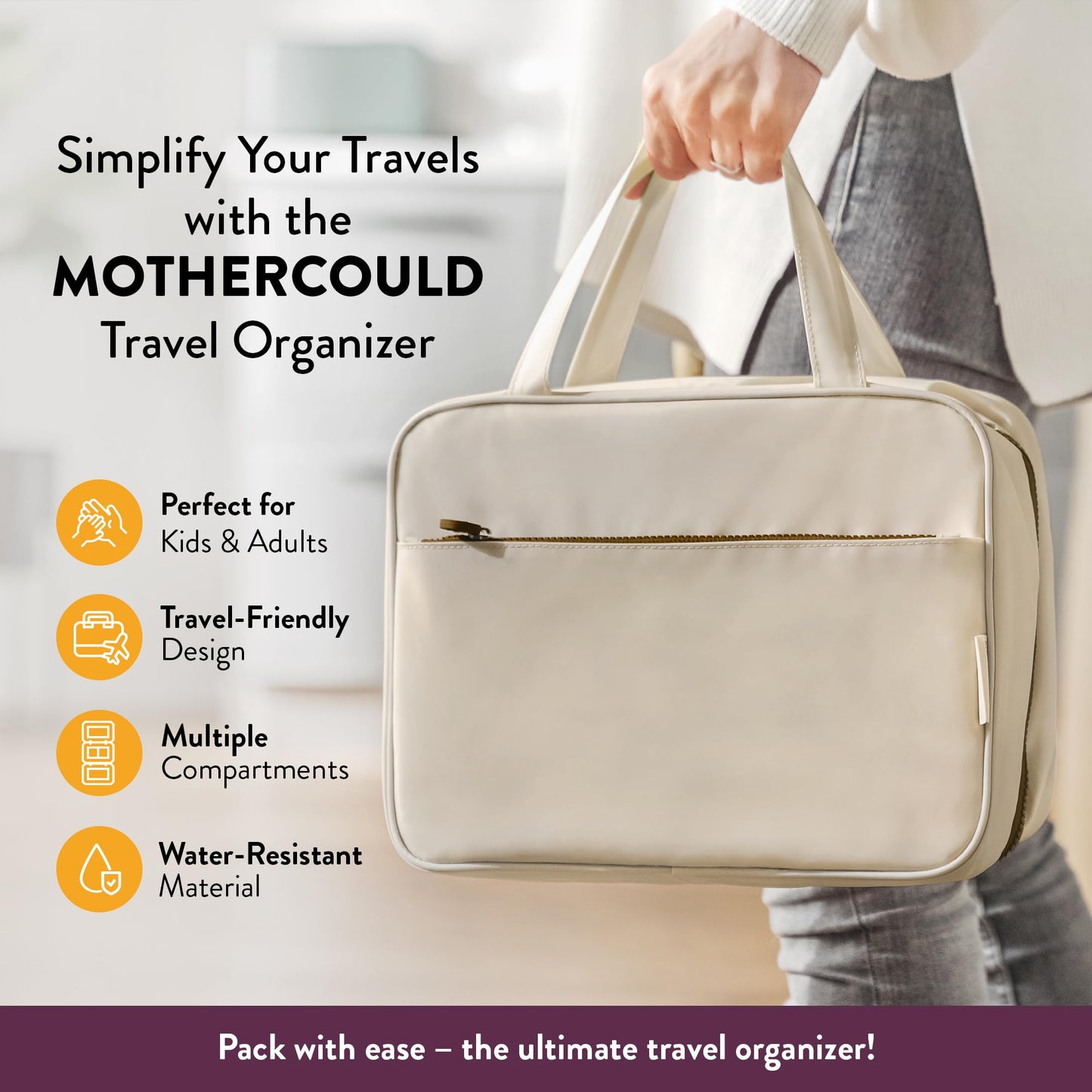 Kids Travel Organizer – Multi-Compartment, Water-Resistant Hanging Bag for Toys, Snacks, & Activities - Compact, Lightweight Design with Hook & Carry Handle - Perfect for Travel Use (Beige, Large)