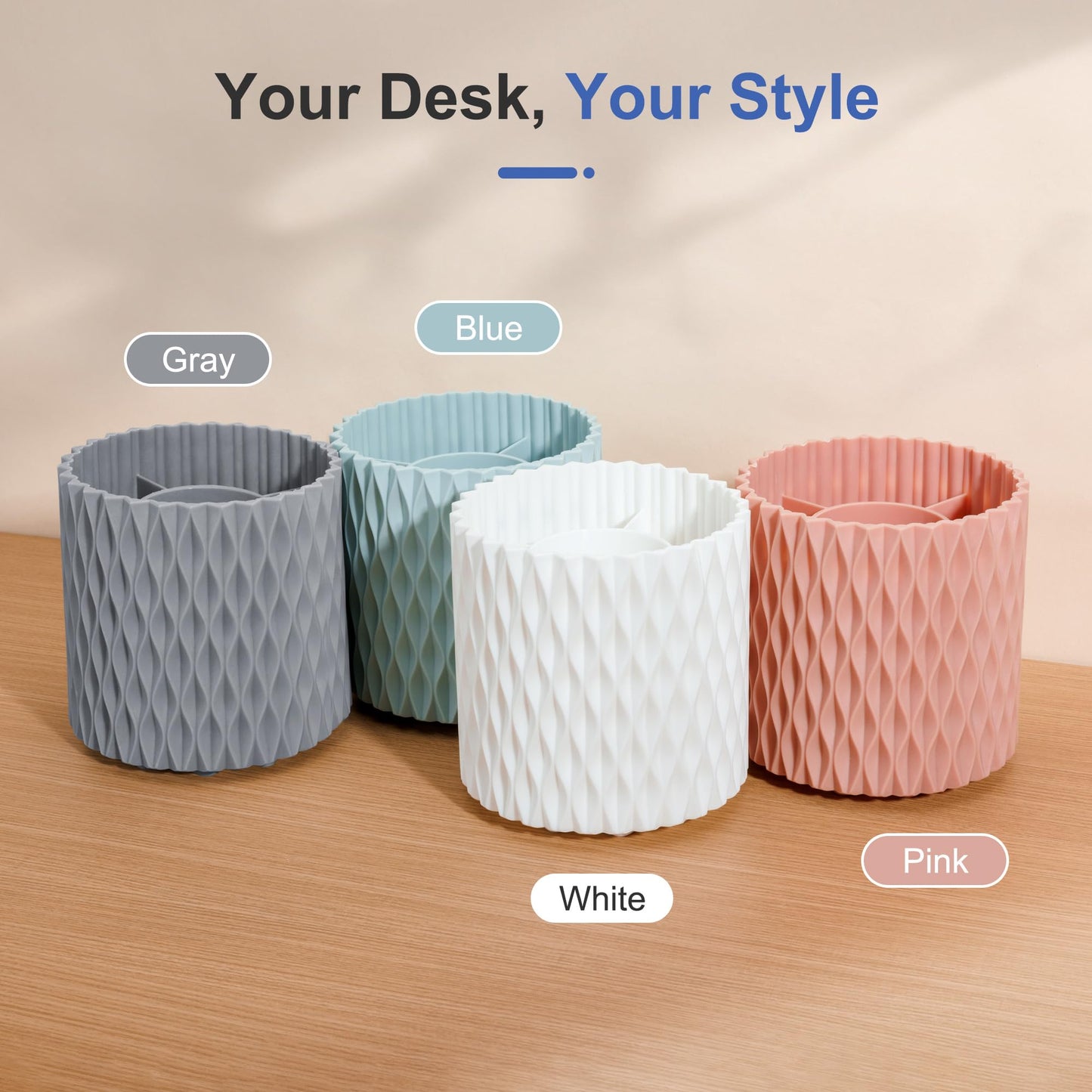 4Johor Pencil Holder - 360° Rotation, 5 Slot Desk Supplies For Women Office Aesthetic. Pencil Holder For Office&School, Desk Accessories(Pink)