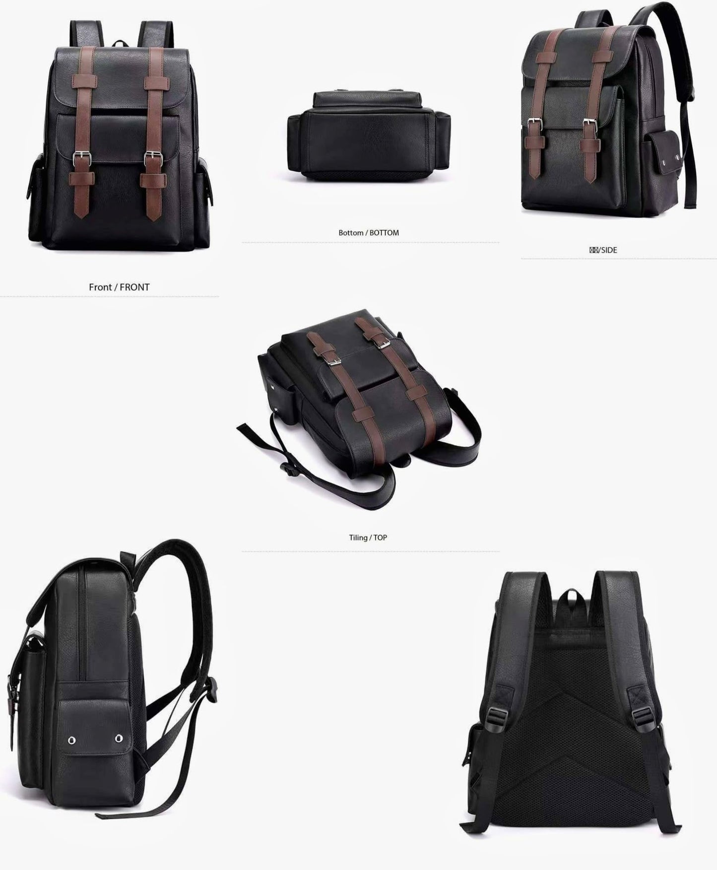CYLYWJD Business Men and Women PU Leather Backpack 15.6inch Laptop Waterproof Backpack Travel Commuter Lightweight schoolbag (Black backpack9,Medium)
