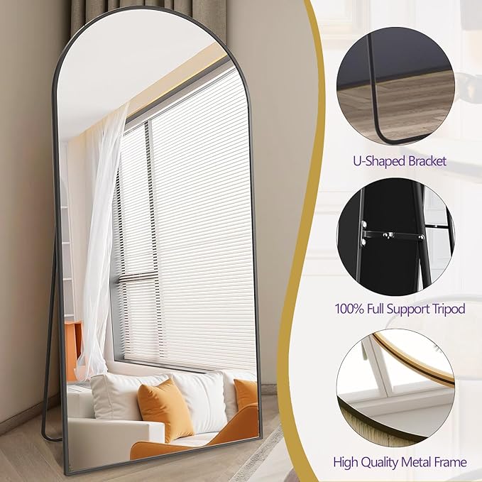 Arched Full Length Mirror, 70"x26" Free Standing Floor Mirror, Modern Full Body Mirrors with Stand, Wall Mirrors with Aluminum Alloy Frame for Bedroom,Living Room, Black