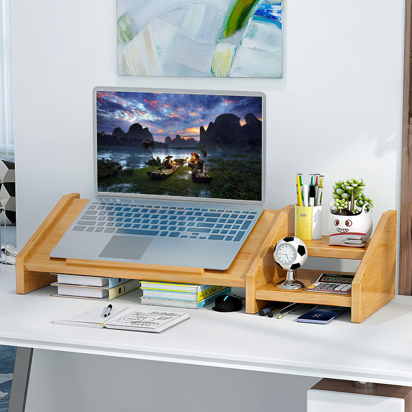 Ufine Bamboo Laptop Stand for Desk 3 Heights Adjustable Notebook Stand Computer Monitor Riser with 2 Tier Storage Shelf, Desktop Organizer Printer Stand for Home Office