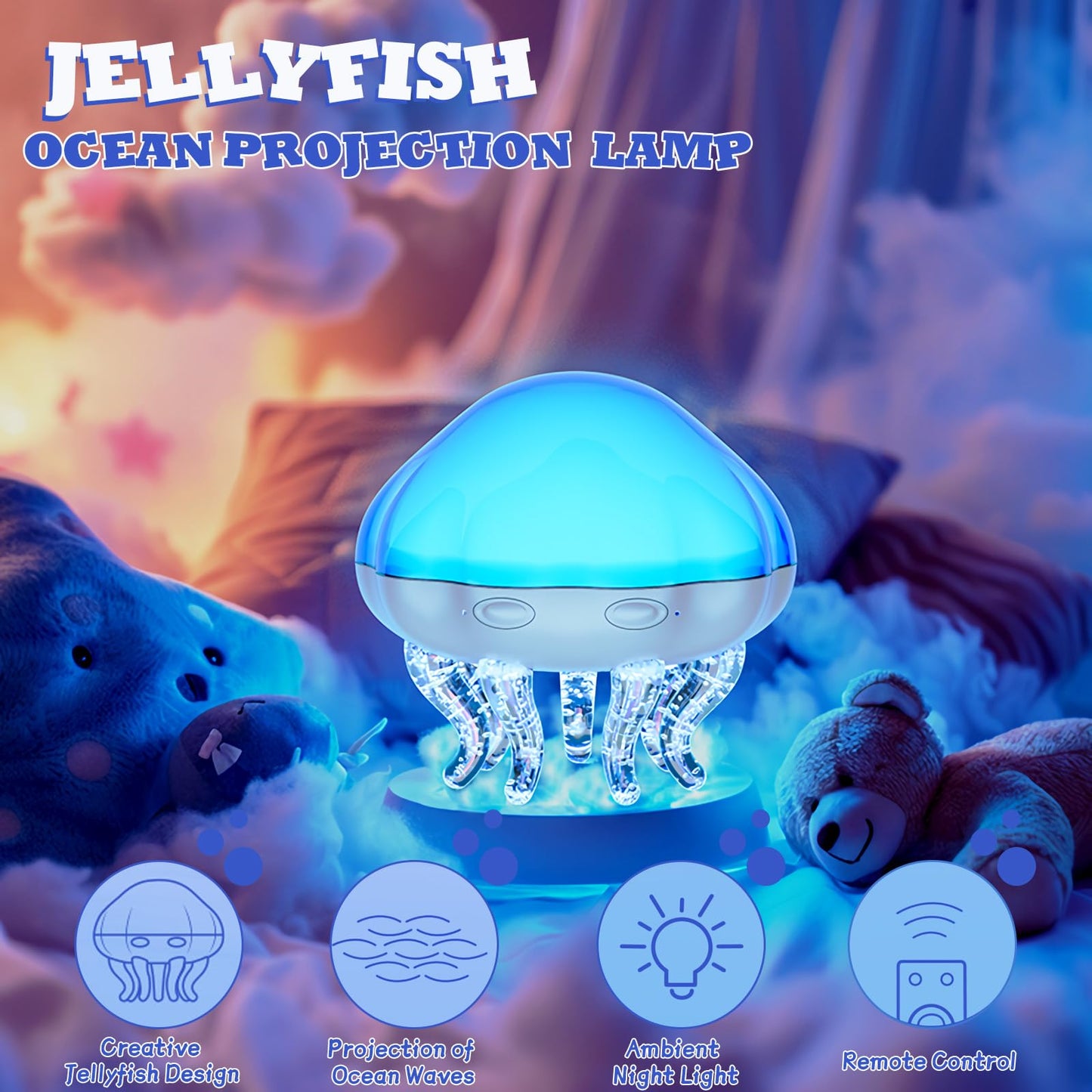 GOUTOOL 2-in-1 Ocean Wave & Jellyfish Projector Light with Remote Control,Timer autoOff,8Color Changing Night Light for Kids,USB Powered Mood Lamp for Bedroom,Christmas Birthday Gift (Jellyfish)