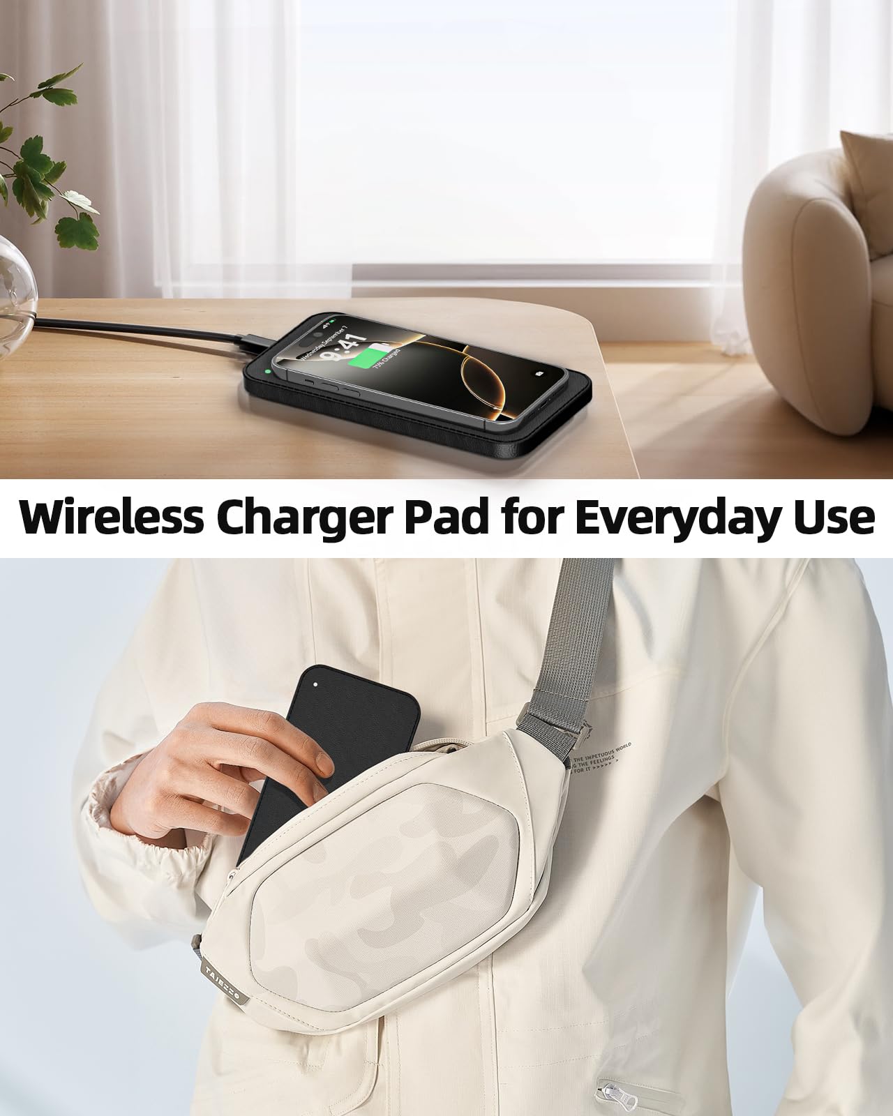 Leather Valet Tray with Wireless Charging Pad - Luxury EDC Nightstand Organizer for Men - Premium Desk Tray for Phone, Watch, Glasses & Keys - Sleek Office Desk Accessories & Gift for Him (Black)