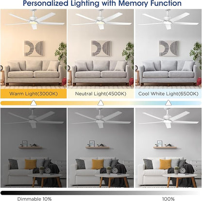 ocioc 52 Inch Smart Ceiling Fan,Modern Ceiling Fans with Lights and Remote,Compatible with Alexa/Google Home/APP,Reversible,Dimmable,3 CCT,Timer,White Ceiling Fan for Living Room,Bedroom