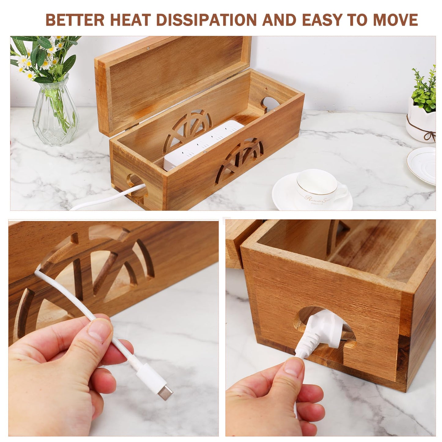 Wood Cable Management Box - 15.8" (L) x 6" (W) 5.5" (H) Acacia Wood Cable Hider Box, Cord Hider with Magnet Design & Outlet Hole, Power Strip Surge Protect & Organizer for Home Office Kitchen TV Wires