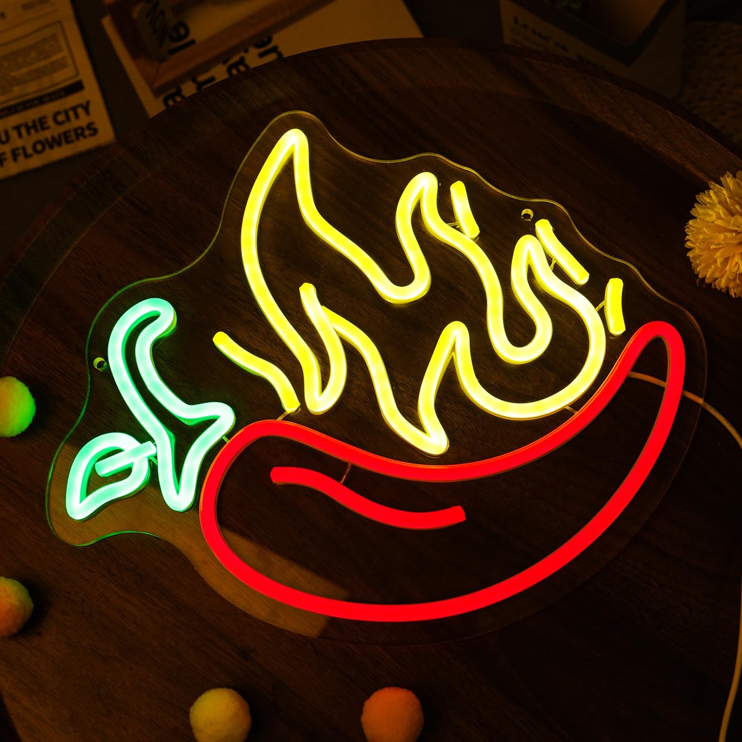 Flaming Hot Chili Peppers Neon Signs Red Yellow Foods for Mexican Spicy Restaurant Open LED Sign Chili Neon Lights Cook Off Decoration for BBQ Party Chili Contest Tasting Party Decor