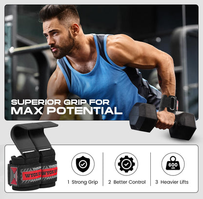 WYOX Weight Lifting Hooks for Deadlift, Pull Ups & Rows – Heavy Duty Wrist Support Grips to Lift Heavier, Reduce Grip Fatigue & Improve Performance – Padded Straps for Men & Women (Pair of 2)