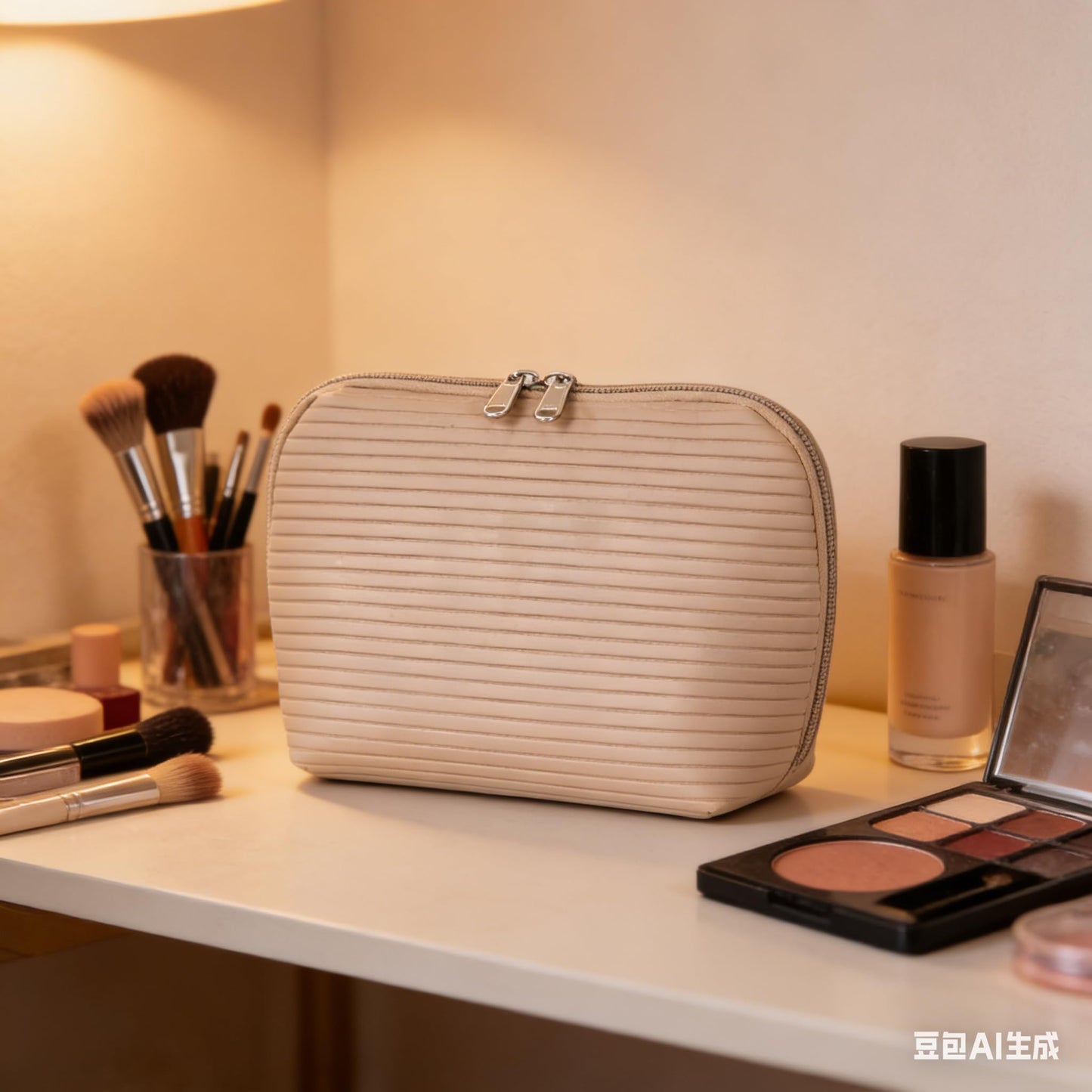 Tense Edano Travel Makeup Bag for Women, Waterproof Stand Up Cosmetic Bag with Brush Holders, Organizer Bag with Compartments, Fold-Down Design for Skincare, Toiletries & Essentials (Camel, Medium)