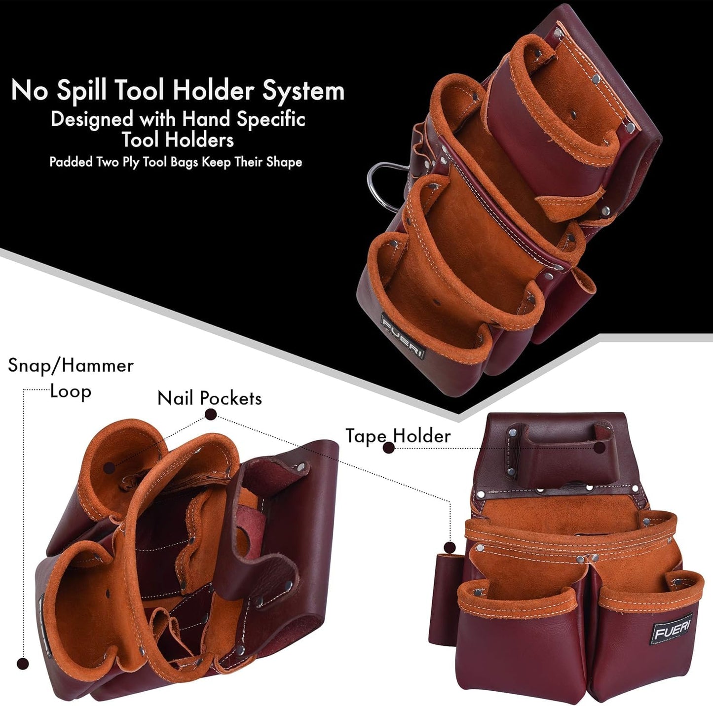 FUERI Leather Tool Belts with Suspender for Men, Heavy-Duty Durable Carpenter Tool Rig Organizer With 19 Pockets-2 Pouches, Padded Suspender, Hammer Holder, D-Loops & Foam-Padded Belt Electricians