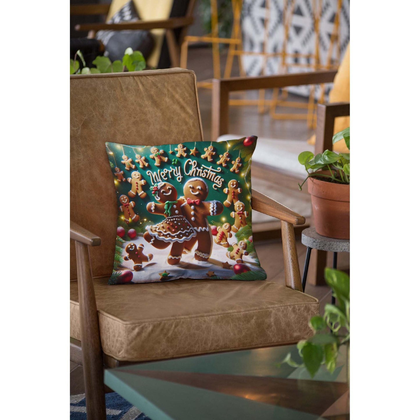 Throw Pillow Cover 20x20 Inch,Gingerbread Man Woman Dancing With Words Merry Christmas Spelled With Gingerbread Men Throw Pillow Case,Home Decor Cushion Covers for Sofa Living Room Couch Bed