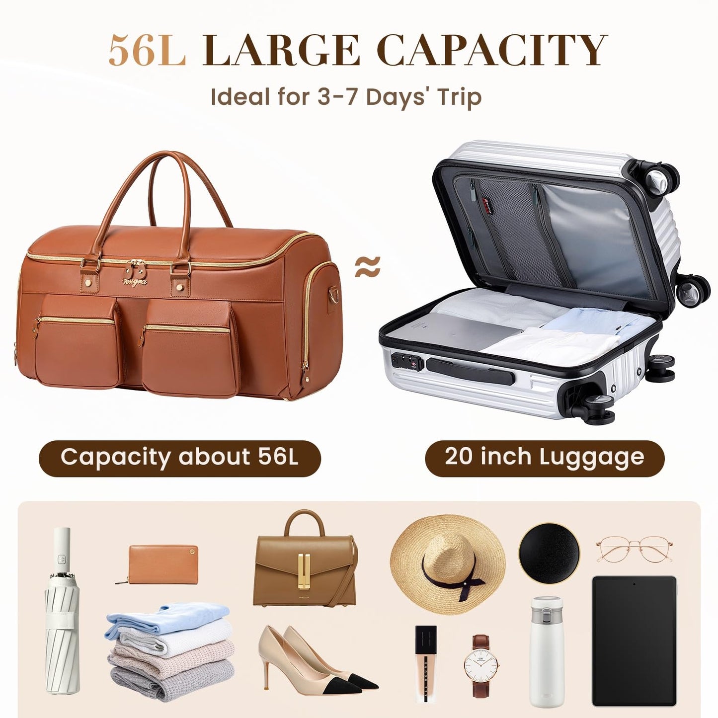 Suit Bag,Vessgra 56L Garment Bags for Travel,2 in 1 Leather Duffle Bags for Men Women, PU Leather Convertible Travel Bag with Shoe Compartment,Work Weekender Bussiness Wedding,Reddish Brown