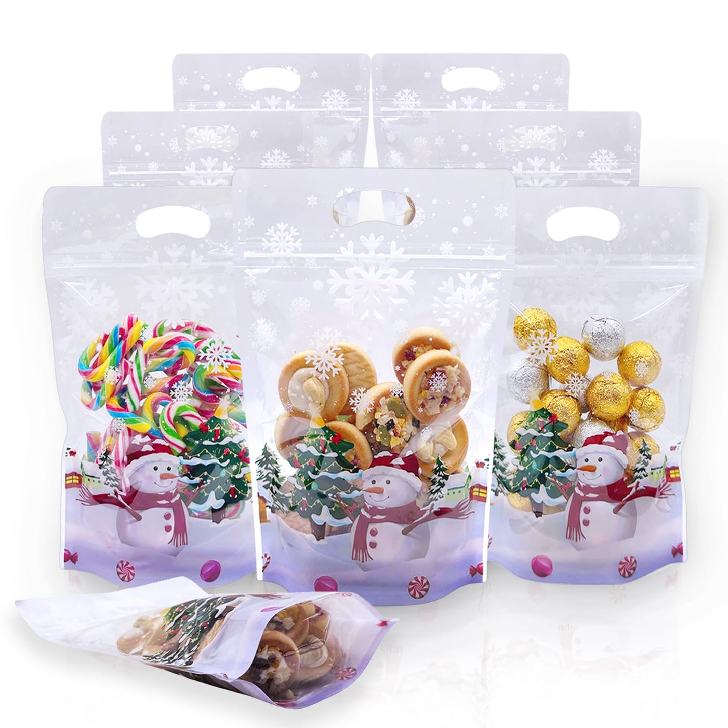 Rikolto Resealable Christmas Zip Lock Bags 50PCS Clear Christmas Cookie Snowman Plastic Sealing Bags with Handles for Xmas Holiday Party Candy Small Gift Wrapping Supplies Decor