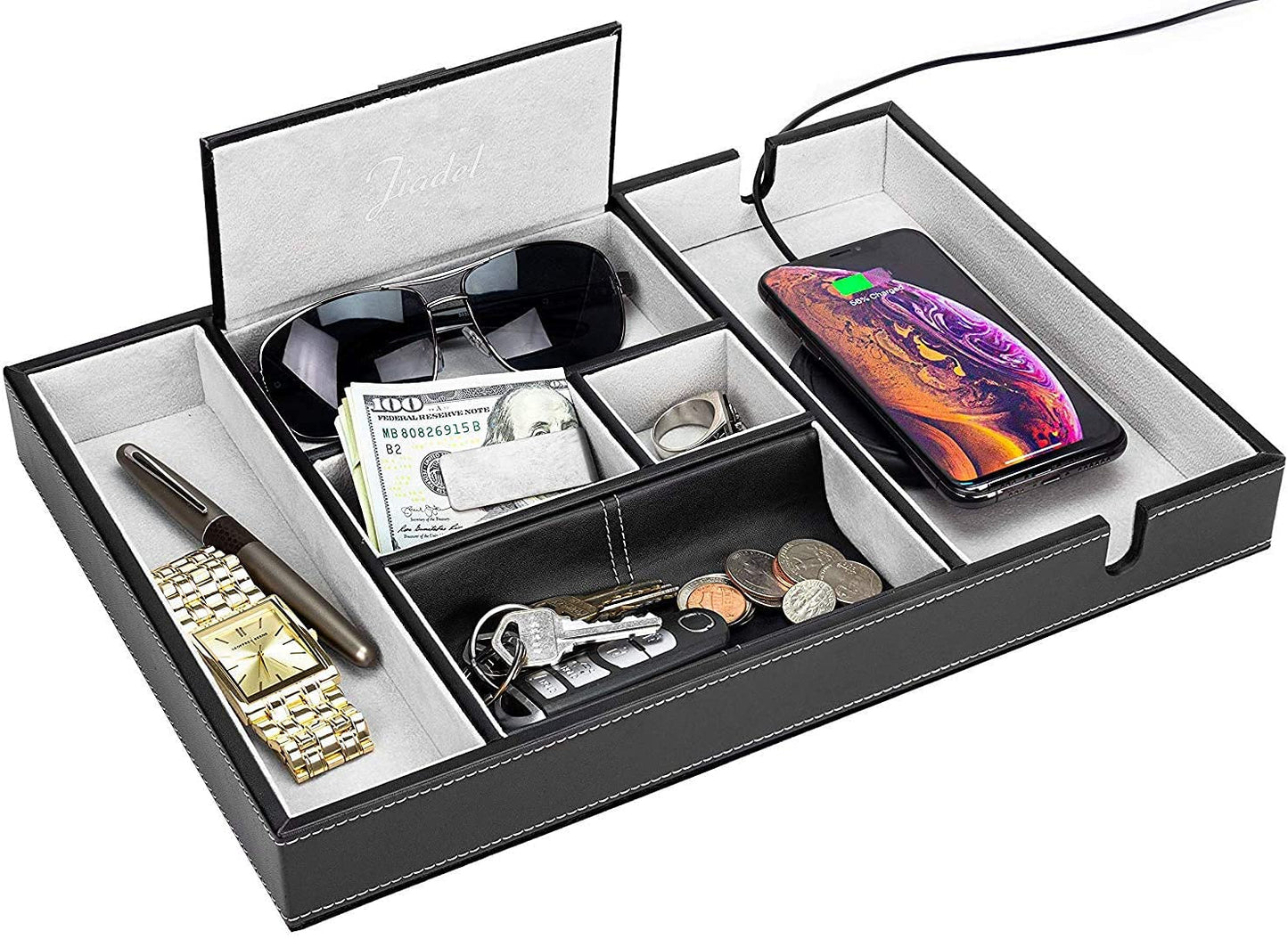JIADEL Leather Valet Tray for Men - EDC Catch All, Dresser Organizer, Jewelry & Wallet Desk Accessory, Bedside Entryway Key Catchall