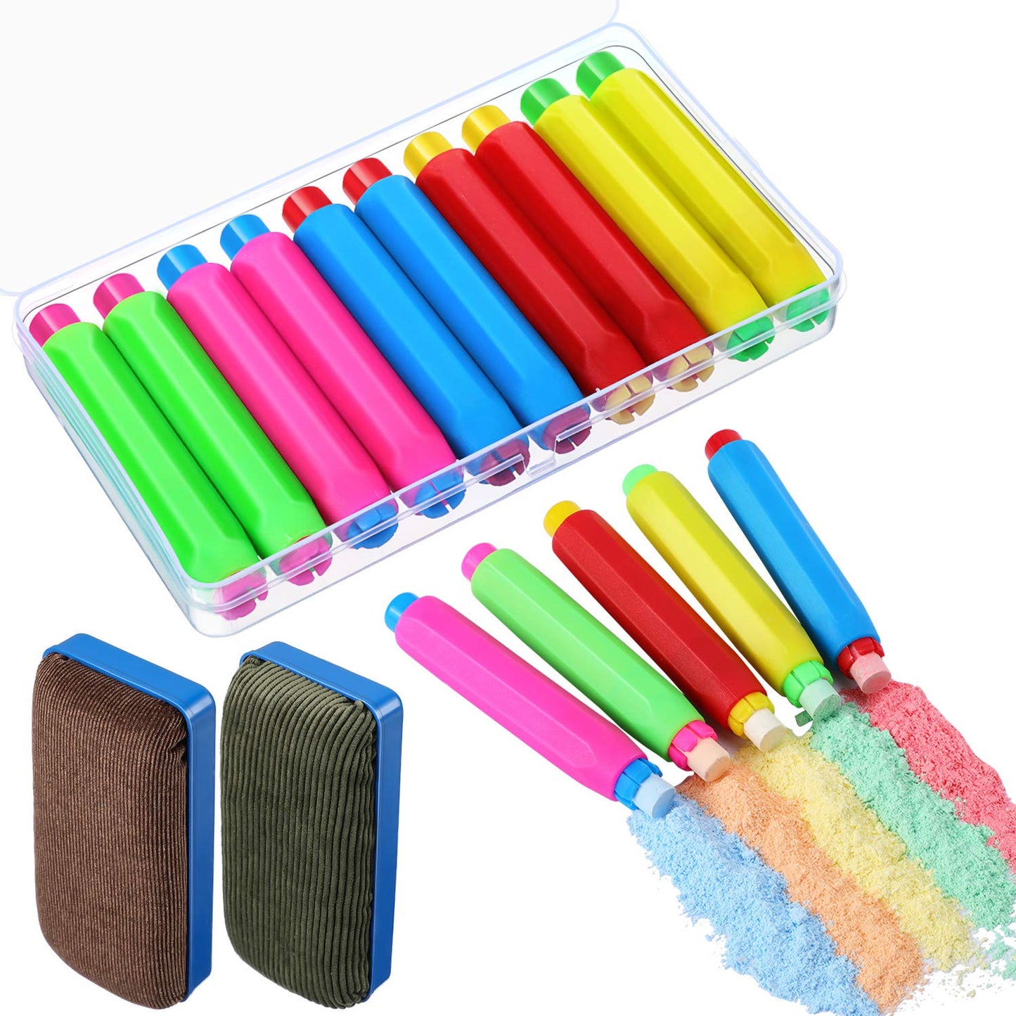 Outus 10 Pieces Colorful Plastic Chalk Holder Adjustable Chalk Clips with Storage Case and 2 Pieces Magnetic Chalkboard Erasers for Office Whiteboard Doodling, Drawing, Writing Supplies