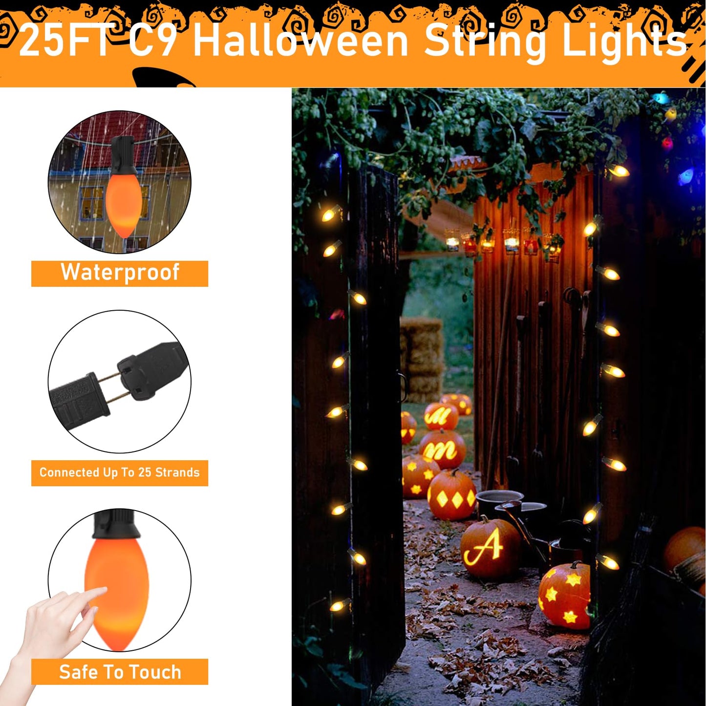 Romasaty C9 LED Orange Halloween Lights, 25FT Halloween C9 String Lights with 27 Orange LED Bulbs, Hanging Decoration Light for Outdoor Indoor Patio Home Party Garden Yard-Black Wire