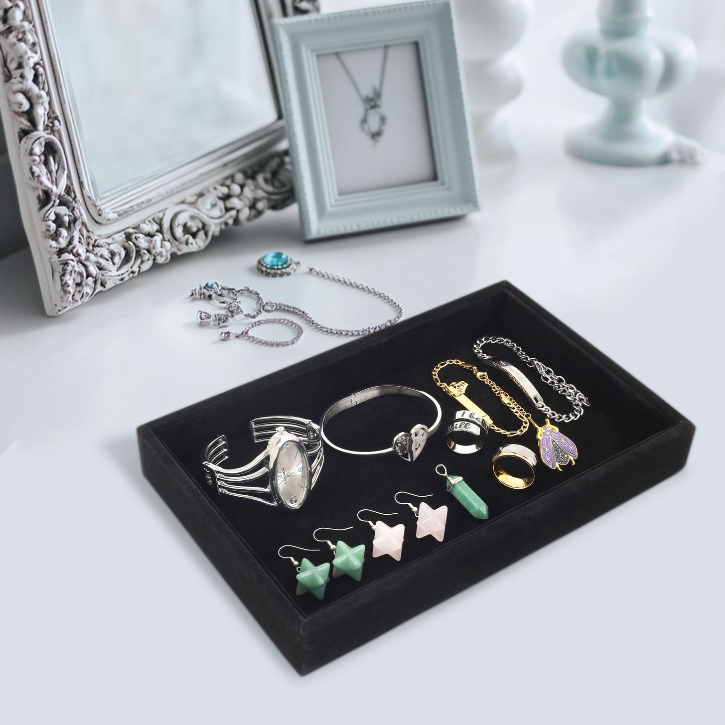 Mornajina 2 Pcs 9" x 5.7" Velvet Jewelry Tray Jewelry Display Tray, Stackable Empty Plate Trays for Earrings Necklaces Bracelet Rings Display Showcase - Black