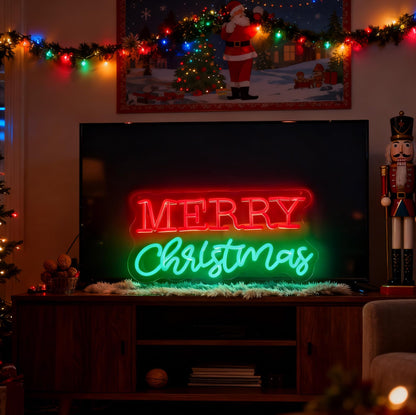 Merry Christmas LED Neon Sign, Dimmable Merry Xmas Decorative Light Holiday Theme Decor for Living Room Bedroom Party Pub Home Wall Table Festive Vibe Light Up Letters Sign, 16.5 x 7.9 In