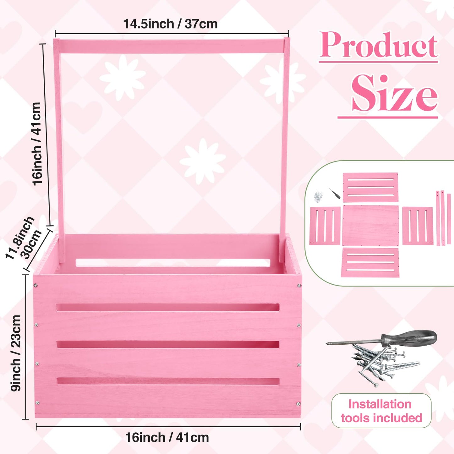Suzile Wooden Baby Shower Crate Closet Wood Basket for Gifts with Handle Boy Girl Clothes Gender Reveal Storage Box for Newborn New Parent(Pink)