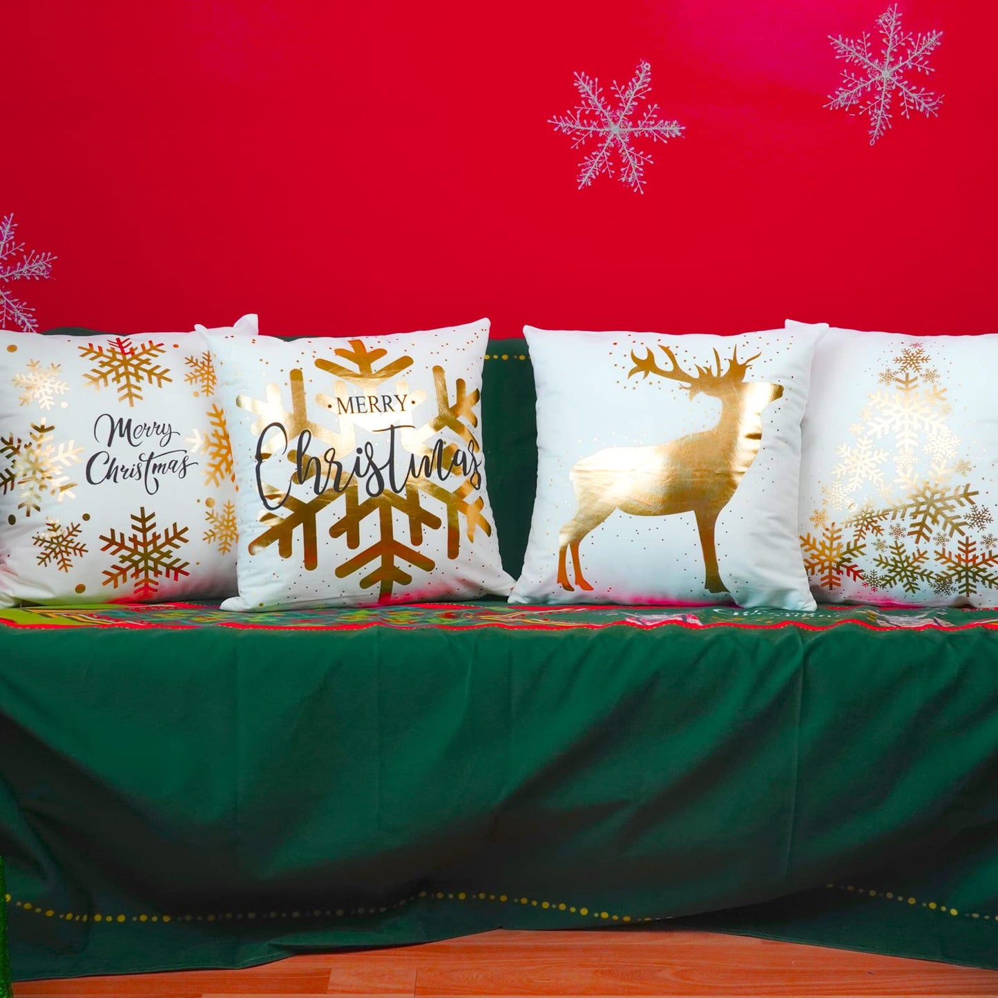ONWAY Christmas Decorations Gold White Throw Pillow Covers 18x18 Set of 4 Snowflakes Reindeer Decorative Cushion Cases Xmas Golden Decor for Couch Sofa Bedroom